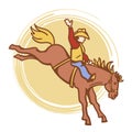 Cowboy riding a wild horse. Rodeo vector illustration American desert and cactuses isolated on white Royalty Free Stock Photo