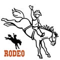 Cowboy riding a wild horse. Vector hand drawn Rodeo horse illustration isolated on white Royalty Free Stock Photo