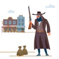 Cowboy robbed a Bank. The Old Wild West. Cartoon vector illustration. Flat style. Isolated on white background