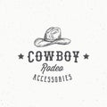 Cowboy Rodeo Accessories Abstract Vector Sign, Symbol or Logo Template. Stetson Hat Sketch Drawing with Retro Typography