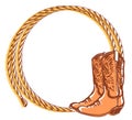 Cowboy rope frame with Cowboy boots. Vector color illustration cowboy background for text Royalty Free Stock Photo