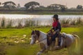 Cowboy`s way of life include riding a horse around locales Royalty Free Stock Photo