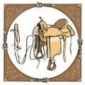 Cowboy saddle and bridle in the western leather frame on white background. Royalty Free Stock Photo