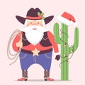 Cowboy Santa Claus with western hat and cactus decorations .Vector christmas illustration