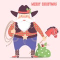 Cowboy Santa claus with western hat and holiday gifts .Vector ch