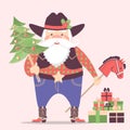 Cowboy Santa Claus in western hat and holiday gifts .Vector christmas illustration