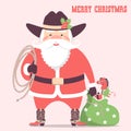 Cowboy Santa claus with western hat and holiday gifts .Vector ch