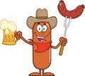 Cowboy Sausage Cartoon Character Holding A Beer And Weenie On A Fork Royalty Free Stock Photo