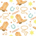 Cowboy Seamless pattern with rodeo elements. Wild West cowboy boots and horseshoe and cowboy lasso. Vector baby style tender color