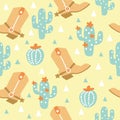 Cowboy seamless pattern with western decorative elements. Wild West cowboy boots and cactuses. Vector baby style tender color for Royalty Free Stock Photo