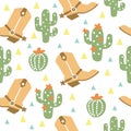 Cowboy Seamless pattern with western decorative elements. Wild West cowboy boots and cactuses. Vector baby style tender color Royalty Free Stock Photo