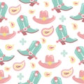 Cowboy Seamless pattern with western elements. Wild West cowboy boots and cowboy hat. Vector women tender style color background Royalty Free Stock Photo