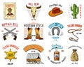 Cowboy set badges. Wild west, rodeo or indians with lasso.