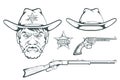 Cowboy Set for design. Hand drawn cowboy hat. Cartoon character man in the wild west. Retro Rifle and revolver. Sheriff`s Badge. Royalty Free Stock Photo