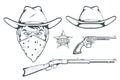 Cowboy Set for design. Hand drawn cowboy hat. Cartoon character man in the wild west. Retro Rifle and revolver. Sheriff`s Badge. Royalty Free Stock Photo