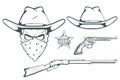 Cowboy Set for design. Hand drawn cowboy hat. Cartoon character man in the wild west. Retro Rifle and revolver. Sheriff`s Badge. Royalty Free Stock Photo