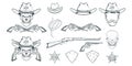 Cowboy Set for design. Hand drawn cowboy hat. Cartoon character man in the wild west. Retro Rifle and revolver. Sheriff`s Badge. Royalty Free Stock Photo
