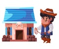 Cowboy sheriff kids pose in front of home house drawing illustration