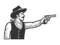 cowboy shoots aims with revolver sketch vector