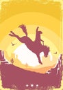 Cowboy silhouette driving wild horse rodeo. Vector Arizona desert poster background for text. Wild West illustration on American Royalty Free Stock Photo