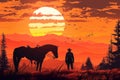 A cowboy silhouette and horse in the sunset Ai illustration Royalty Free Stock Photo
