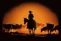 Cowboy silhouette on a horse at sunset leading a herd of cows, generative AI