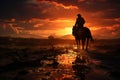 Cowboy silhouette, riding the plains, sunsets blue