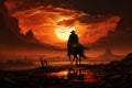 Cowboy silhouette, riding the plains, sunsets blue