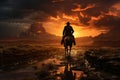 Cowboy silhouette, riding the plains, sunsets blue