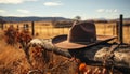 Cowboy sitting outdoors, enjoying nature beauty, wearing rustic straw hat generated by AI