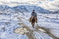 Cowboy In Snowy Winter Desert, the image on the background of the solar sky. Horserider in Caucasian mountains wilderness.JAN, 2