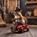 A cowboy squirrel in a ten-gallon hat and boots, riding a mini mechanical bull3