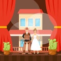 Cowboy on stage, American western theater performance, man and woman actors, people vector illustration