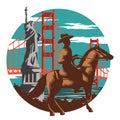 Cowboy,statue of Liberty and Golden gate bridge famous landmark Royalty Free Stock Photo