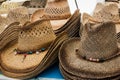 Cowboy straw brown hats on street market Royalty Free Stock Photo