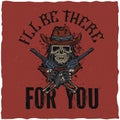 Cowboy t-shirt label with illustration of skull ath the hat with two guns at the hands