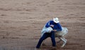 Cowboy taking down bull at rodeo