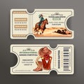 Cowboy ticket design with horse, woman, hat, boots watercolor illustration