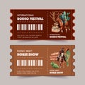 Cowboy ticket design with woman, rope, cactus, chest, horse watercolor illustration
