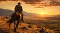 Man riding a horse in the desert during sunset, with hills in the background