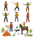 Cowboy vector western cow boy or wild west sheriff signs hat or horseshoe in wildlife desert with cactus illustration