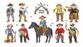 Cowboy vector western cow boy on wildly horse character for rodeo and wild west sheriff in hat illustration wildlife set