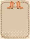 Cowboy vintage poster with cowboy boots and rope frame. Vector western illustration background for text Royalty Free Stock Photo