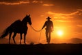 Cowboy walking horse silhouetted against a blazing sunset. Generative AI Royalty Free Stock Photo