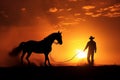 Cowboy walking horse silhouetted against a blazing sunset. Generative AI Royalty Free Stock Photo