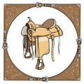 Cowboy western saddle in the leather frame background. Royalty Free Stock Photo