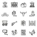 Cowboy, western, wild west icons set. Thin line style stock.