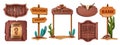 Cowboy wooden sign board, vector western wanted paper banner, cartoon game UI frame set, cactus.