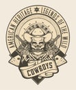 Cowboys - American heritage, legend of the wild - hat, guns, Poker chips and cards - T-Shirt design - vector illustration - White Royalty Free Stock Photo