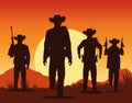 cowboys figures silhouettes with guns characters sunset lansdscape scene